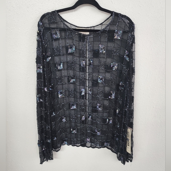Mark & John By Gopal Tops - VTG NWT Chic Black Sheer Fully beaded checkered pattern Women's Blouse sz 2X